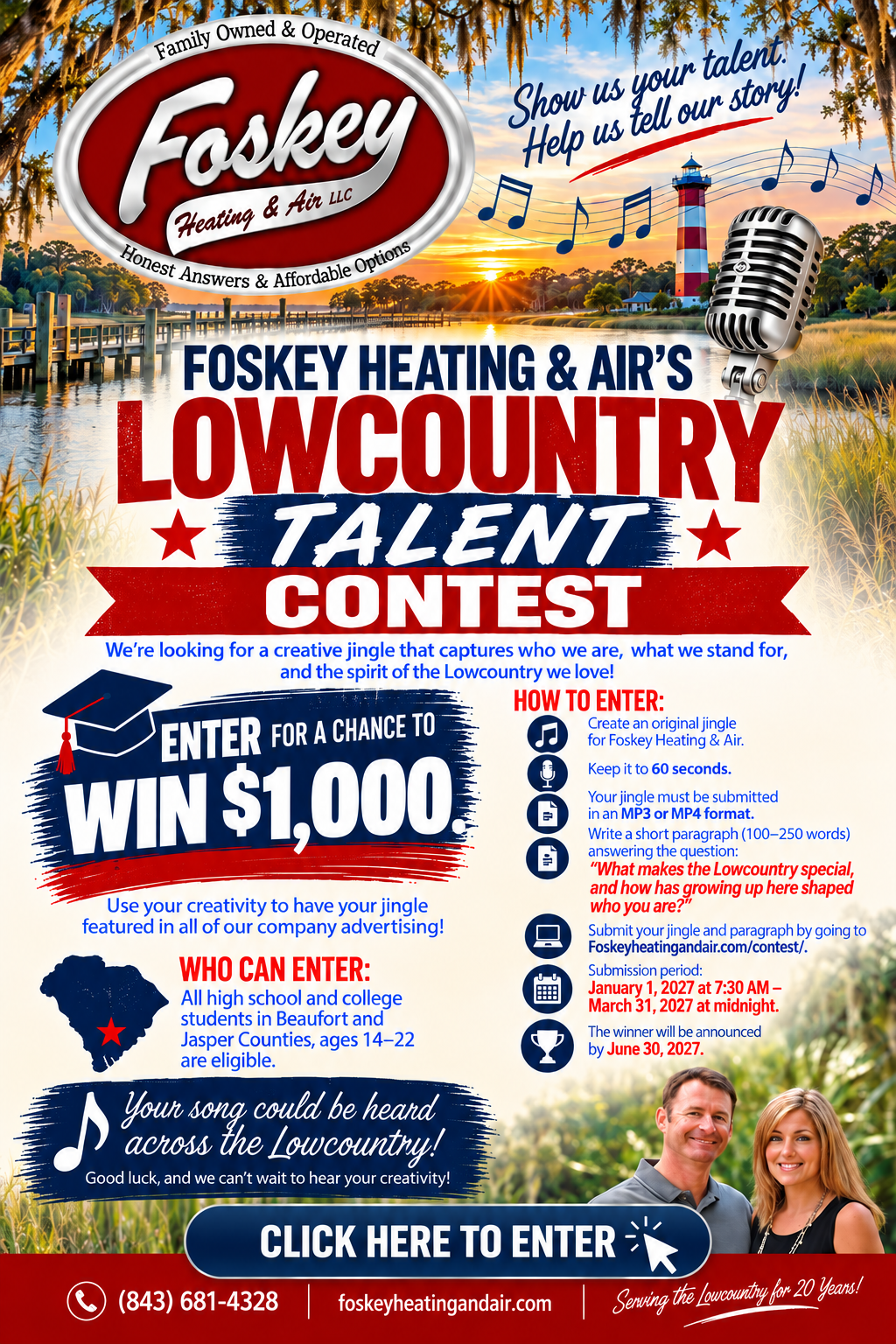 Lowcountry Talent Contest poster: Enter for a chance to win $1,000. Click here to enter.